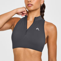EasyLift™ Zip High Neck Sports Bra with White Logo | Coal