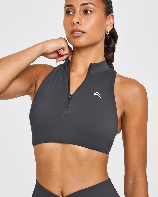 EasyLift™ Zip High Neck Sports Bra with White Logo | Coal