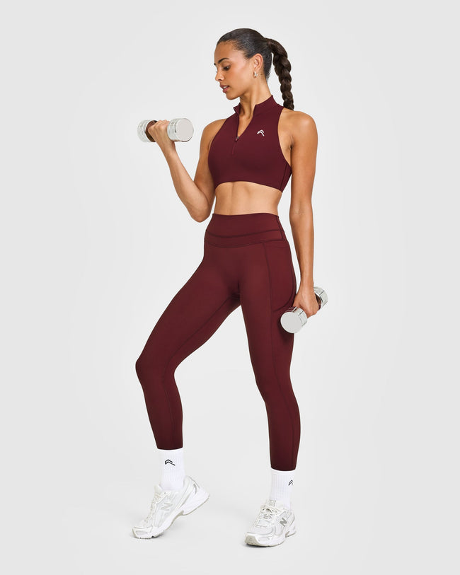 EasyLift™ Zip High Neck Sports Bra with White Logo | Rosewood