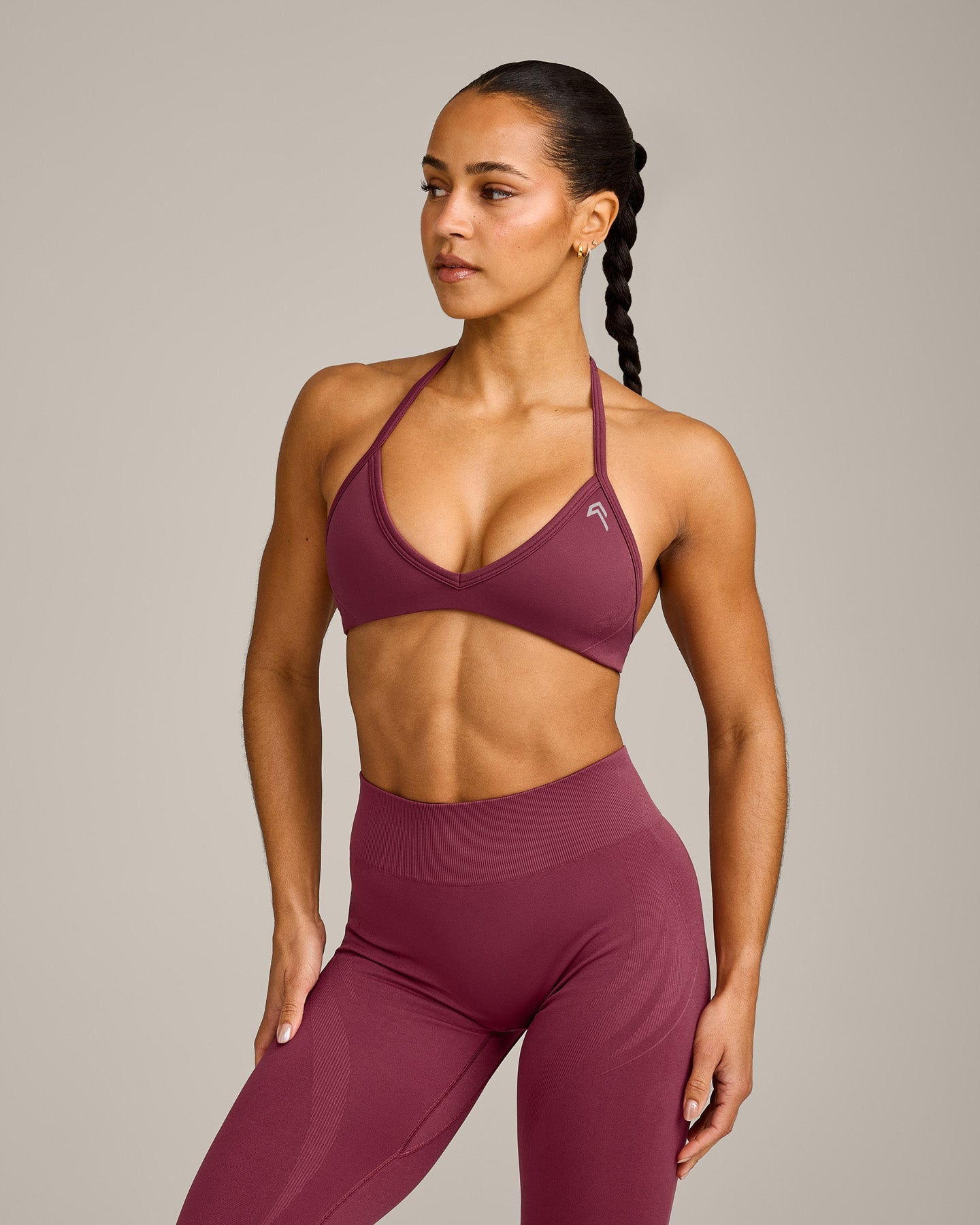 EnhanceLift™ Seamless Minimal Halter Neck Bralette with Grey Logo | Burnt Maroon