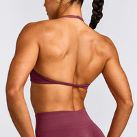 EnhanceLift™ Seamless Minimal Halter Neck Bralette with Grey Logo | Burnt Maroon