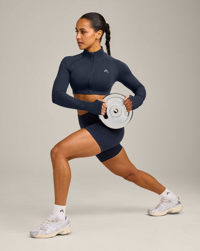 EnhanceLift™ Seamless Crop Jacket with Grey Logo | True Blue