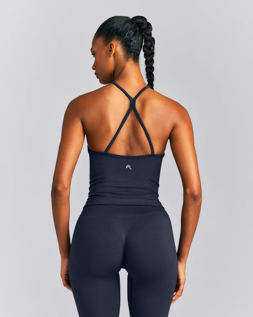 EnhanceLift™ Seamless Strappy Racer Tank Top with Built in Bra | True Blue