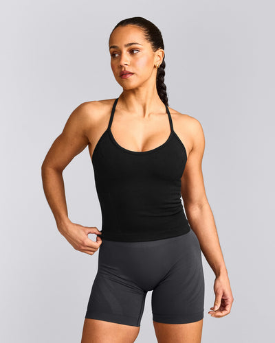 EnhanceLift™ Seamless Strappy Racer Vest with Built in Bra Shelf with Grey Logo | Black