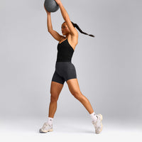 EnhanceLift™ Seamless Strappy Racer Vest with Built in Bra Shelf with Grey Logo | Black