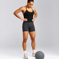 EnhanceLift™ Seamless Strappy Racer Vest with Built in Bra Shelf with Grey Logo | Black