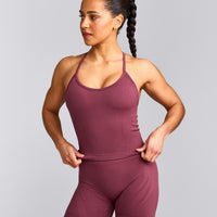 EnhanceLift™ Seamless Strappy Racer Tank Top with Built in Bra Shelf with Grey Logo | Burnt Maroon