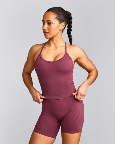 EnhanceLift™ Seamless Strappy Racer Tank Top with Built in Bra Shelf with Grey Logo | Burnt Maroon