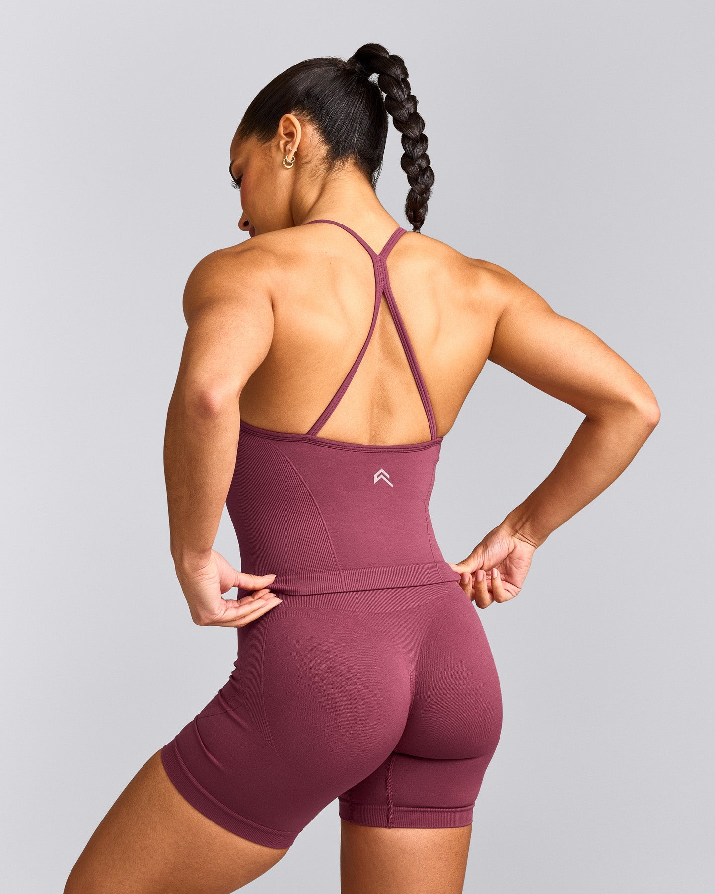 EnhanceLift™ Seamless Strappy Racer Tank Top with Built in Bra Shelf with Grey Logo | Burnt Maroon