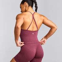 EnhanceLift™ Seamless Strappy Racer Tank Top with Built in Bra Shelf with Grey Logo | Burnt Maroon