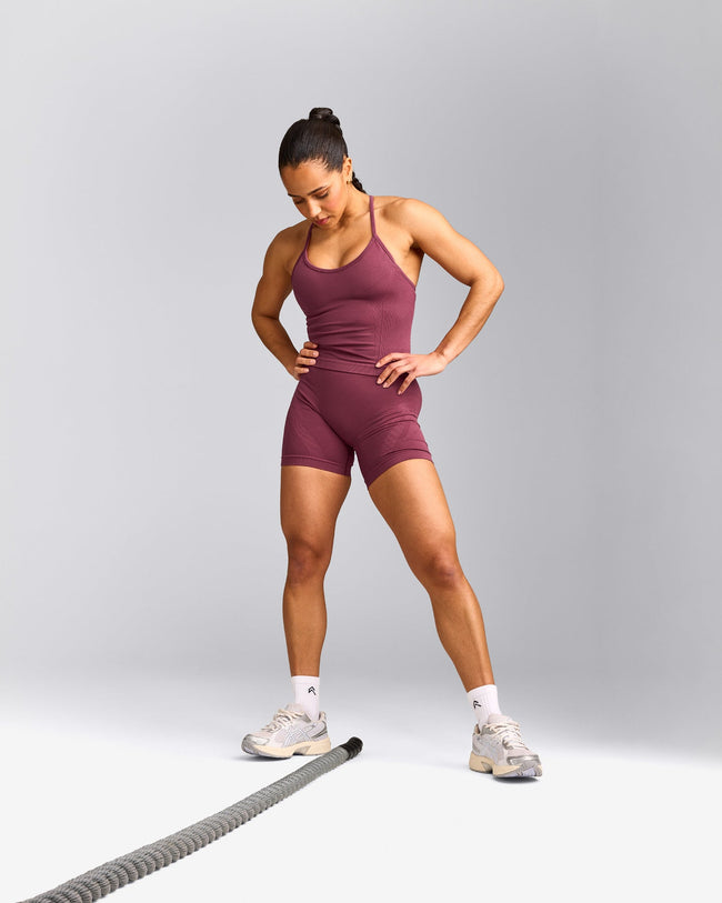 EnhanceLift™ Seamless Strappy Racer Tank Top with Built in Bra Shelf with Grey Logo | Burnt Maroon