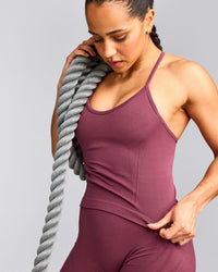 EnhanceLift™ Seamless Strappy Racer Tank Top with Built in Bra Shelf with Grey Logo | Burnt Maroon