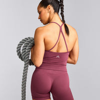 EnhanceLift™ Seamless Strappy Racer Tank Top with Built in Bra Shelf with Grey Logo | Burnt Maroon