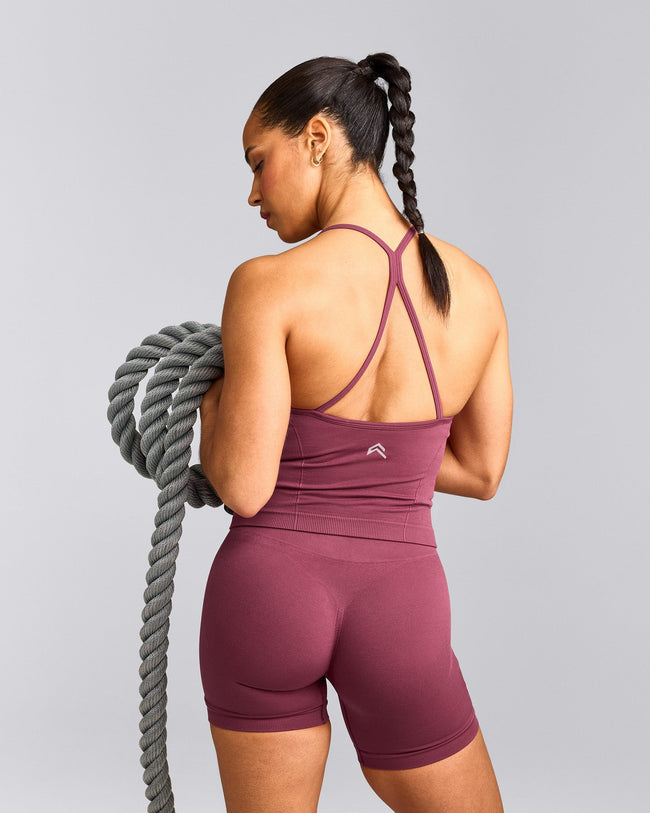 EnhanceLift™ Seamless Strappy Racer Tank Top with Built in Bra Shelf with Grey Logo | Burnt Maroon