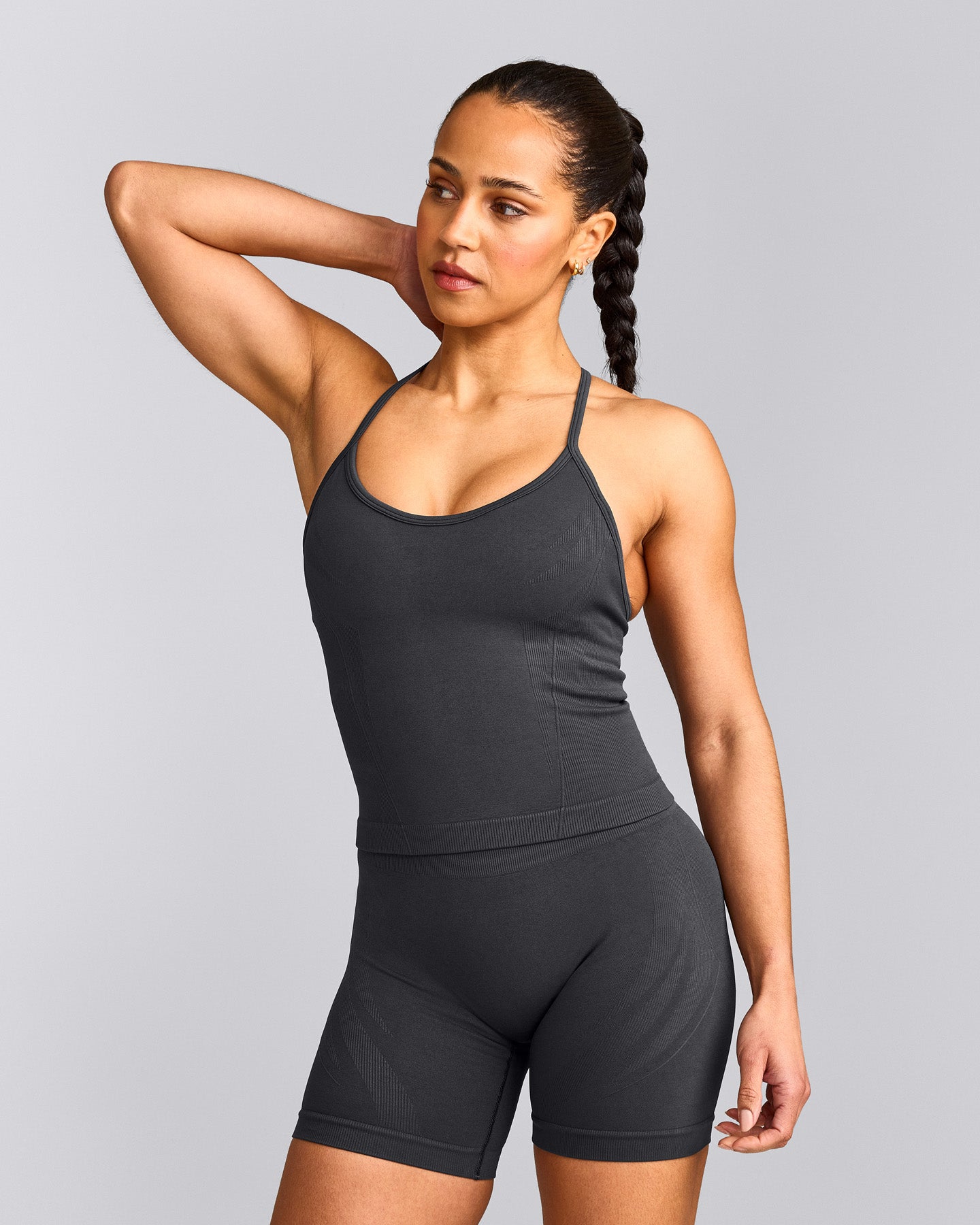 EnhanceLift™ Seamless Strappy Racer Tank Top with Built in Bra Shelf with Grey Logo | Coal