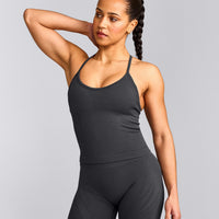 EnhanceLift™ Seamless Strappy Racer Tank Top with Built in Bra Shelf with Grey Logo | Coal