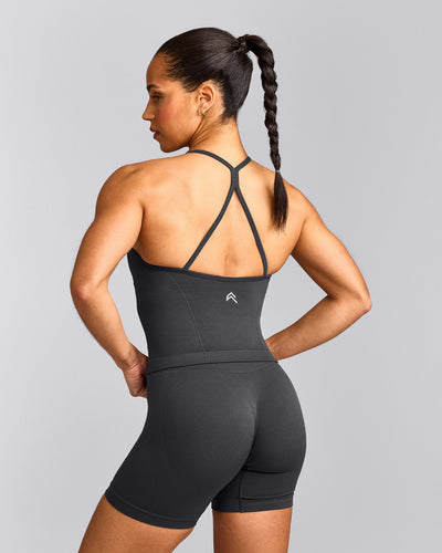 EnhanceLift™ Seamless Strappy Racer Tank Top with Built in Bra Shelf with Grey Logo | Coal