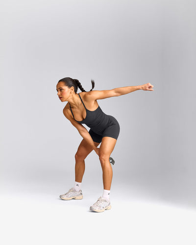 EnhanceLift™ Seamless Strappy Racer Tank Top with Built in Bra Shelf with Grey Logo | Coal