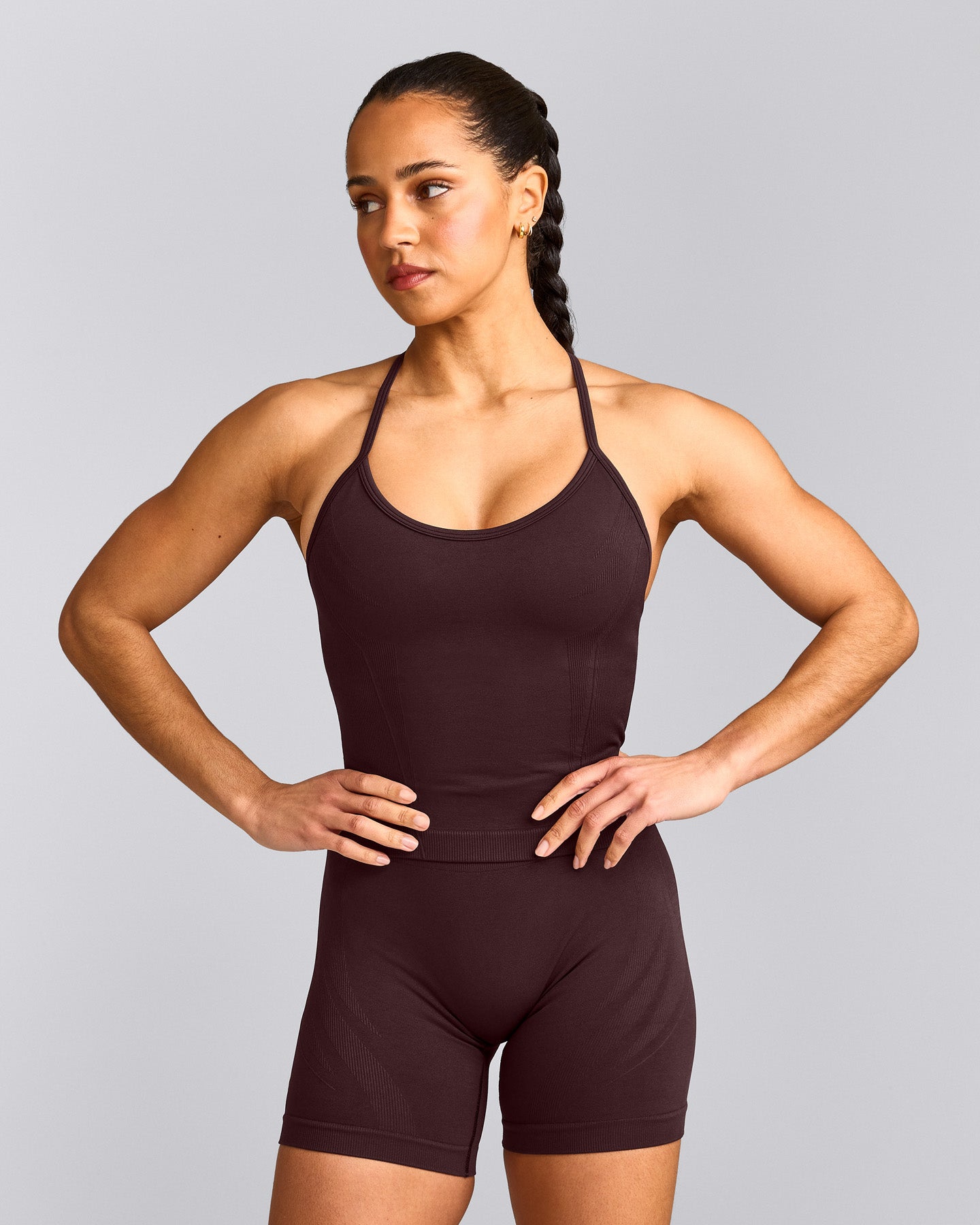 EnhanceLift™ Seamless Strappy Racer Tank Top with Built in Bra Shelf with Grey Logo | Plum Brown