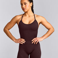 EnhanceLift™ Seamless Strappy Racer Tank Top with Built in Bra Shelf with Grey Logo | Plum Brown