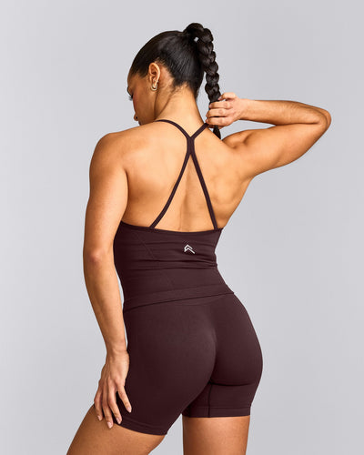 EnhanceLift™ Seamless Strappy Racer Tank Top with Built in Bra Shelf with Grey Logo | Plum Brown