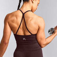 EnhanceLift™ Seamless Strappy Racer Tank Top with Built in Bra Shelf with Grey Logo | Plum Brown