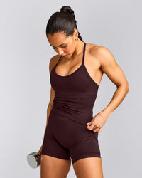 EnhanceLift™ Seamless Strappy Racer Tank Top with Built in Bra Shelf with Grey Logo | Plum Brown