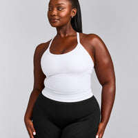 EnhanceLift™ Seamless Strappy Racer Tank Top with Built in Bra Shelf with Grey Logo | White