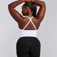 EnhanceLift™ Seamless Strappy Racer Tank Top with Built in Bra Shelf with Grey Logo | White