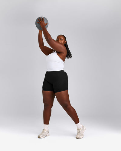 EnhanceLift™ Seamless Strappy Racer Tank Top with Built in Bra Shelf with Grey Logo | White