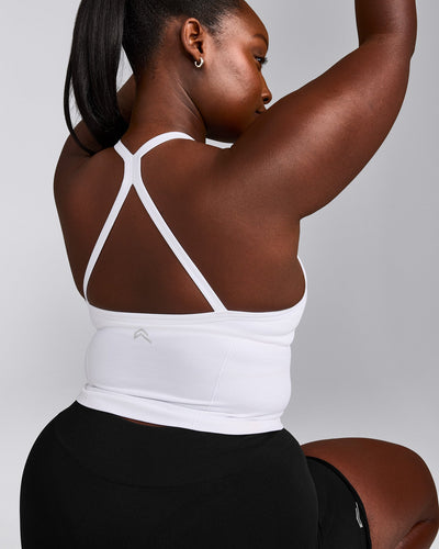 EnhanceLift™ Seamless Strappy Racer Tank Top with Built in Bra Shelf with Grey Logo | White
