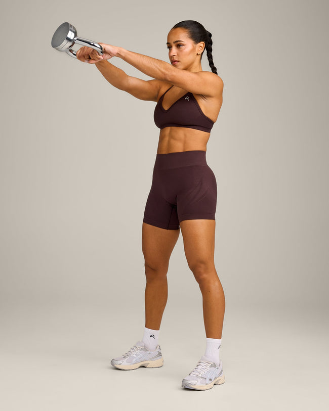 EnhanceLift™ Seamless Strappy Sports Bra with Grey Logo | Plum Brown