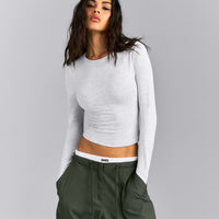 Fitted Cotton Long Sleeve Crew Neck Top | Light Grey Marl