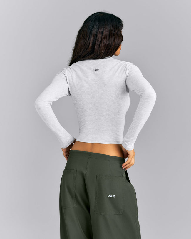 Fitted Cotton Long Sleeve Crew Neck Top | Light Grey Marl