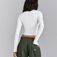 Fitted Cotton Long Sleeve Crew Neck Top | White