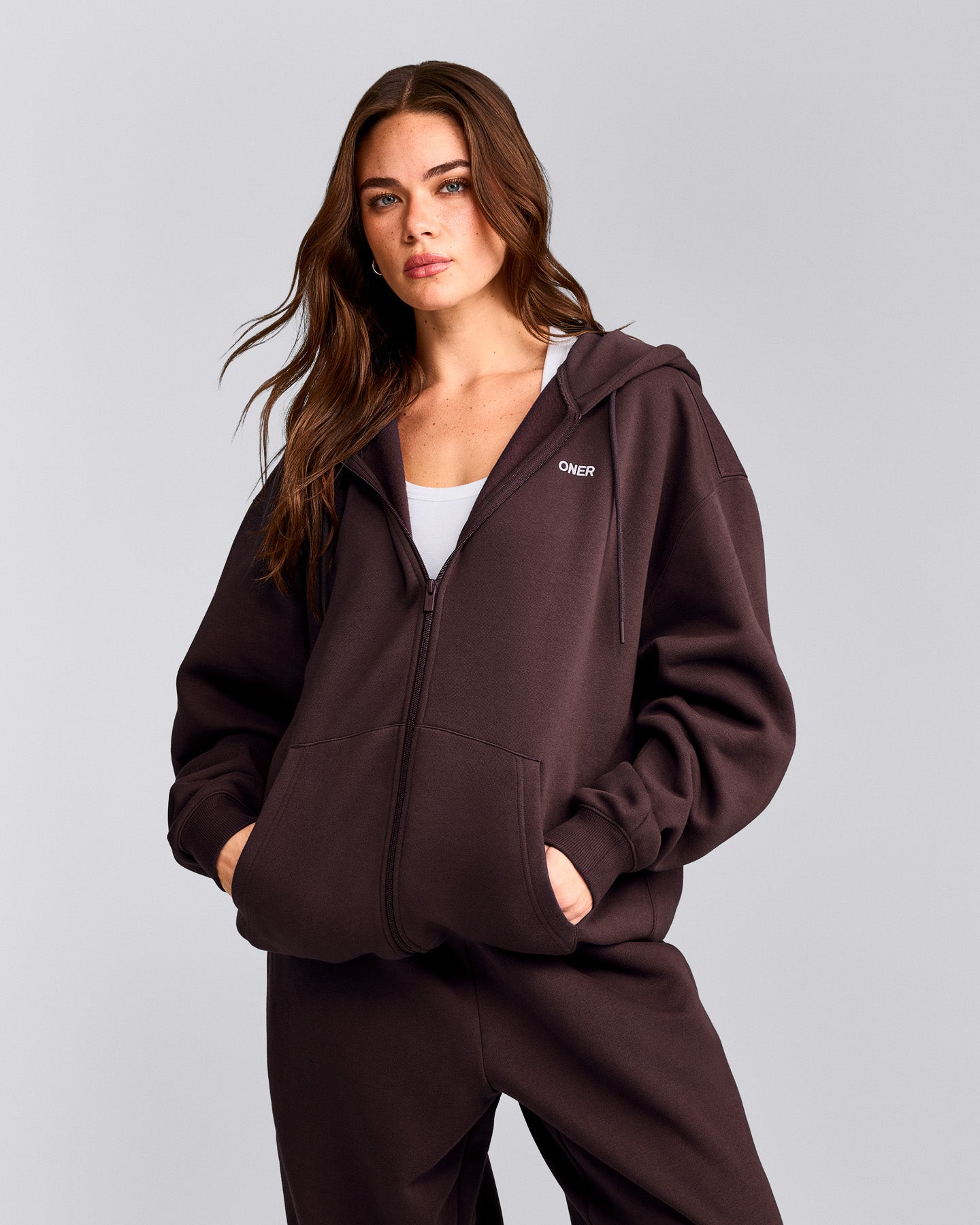Foundations Cosy Oversized Zip Up Hoodie | Plum Brown