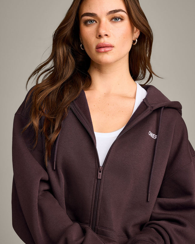 Foundations Cosy Oversized Zip Through Hoodie | Plum Brown