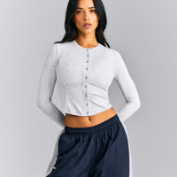 Mellow™ Rib Mid Long Sleeve Cardigan with Embroidered Logo | Light Grey Marl