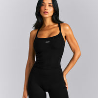 Mellow™ Rib Racer Back Mid Tank Top with Built in Bra Shelf | Black