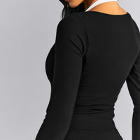 Mellow™ Rib V Neck Long Sleeve Top | Black