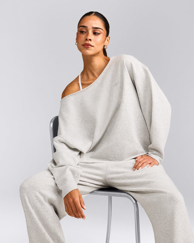 Cotton Vintage Lounge Off-The-Shoulder Sweatshirt | Light Grey Marl