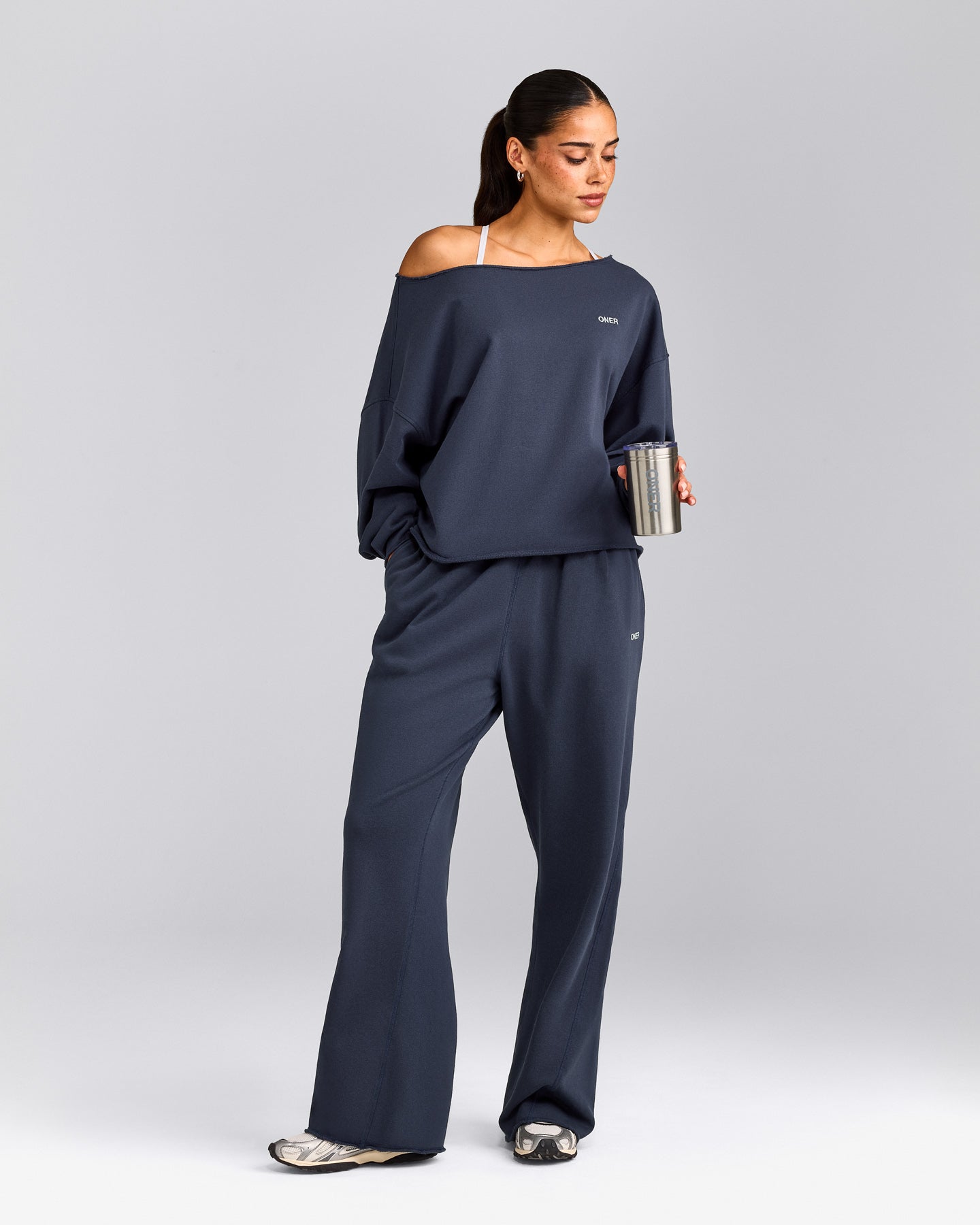 Cotton Vintage Lounge Off-The-Shoulder Sweatshirt | Washed True Blue