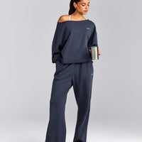 Cotton Vintage Lounge Off-The-Shoulder Sweatshirt | Washed True Blue