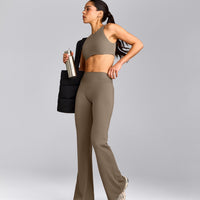SoftMotion™ Flared Pants with Grey Logo | Moss Brown