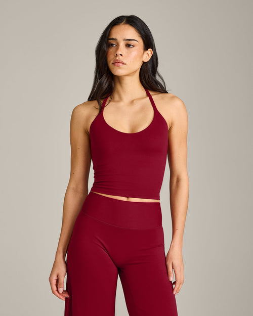 SoftMotion™ Strappy Halter Neck Mid Tank Top with Built in Bra Shelf with Grey Logo | Ruby Red