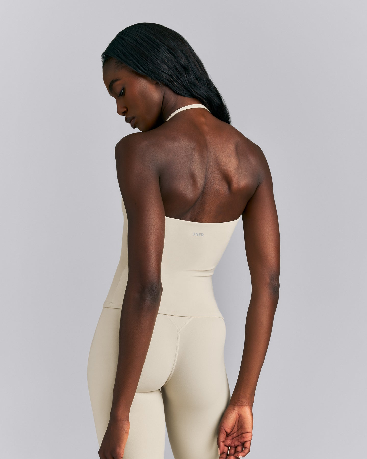 SoftMotion™ Strappy Halter Neck Tank Top with Built in Bra Shelf | Oatmeal
