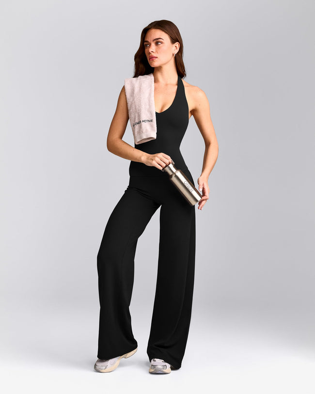 SoftMotion™ Halter Neck Tank Top with Built in Bra Shelf with Grey Logo | Black