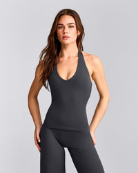 SoftMotion™ Halter Neck Tank Top with Built in Bra Shelf with Grey Logo | Coal