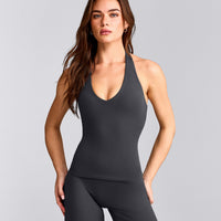 SoftMotion™ Halter Neck Tank Top with Built in Bra Shelf with Grey Logo | Coal