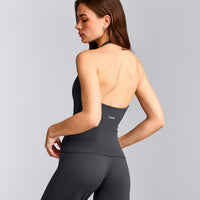 SoftMotion™ Halter Neck Tank Top with Built in Bra Shelf with Grey Logo | Coal